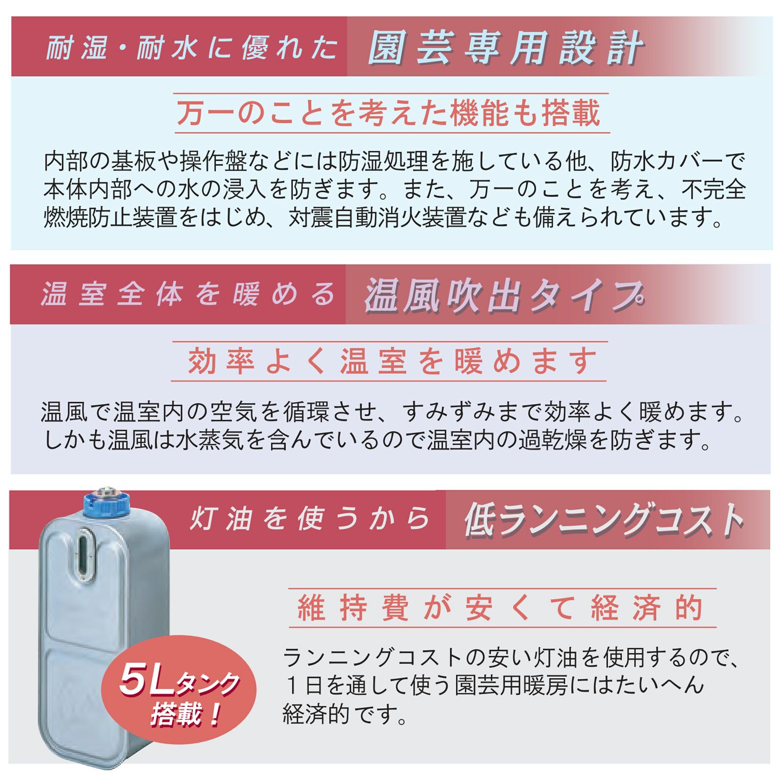 耐湿、耐水に優れ、温室全体を暖める